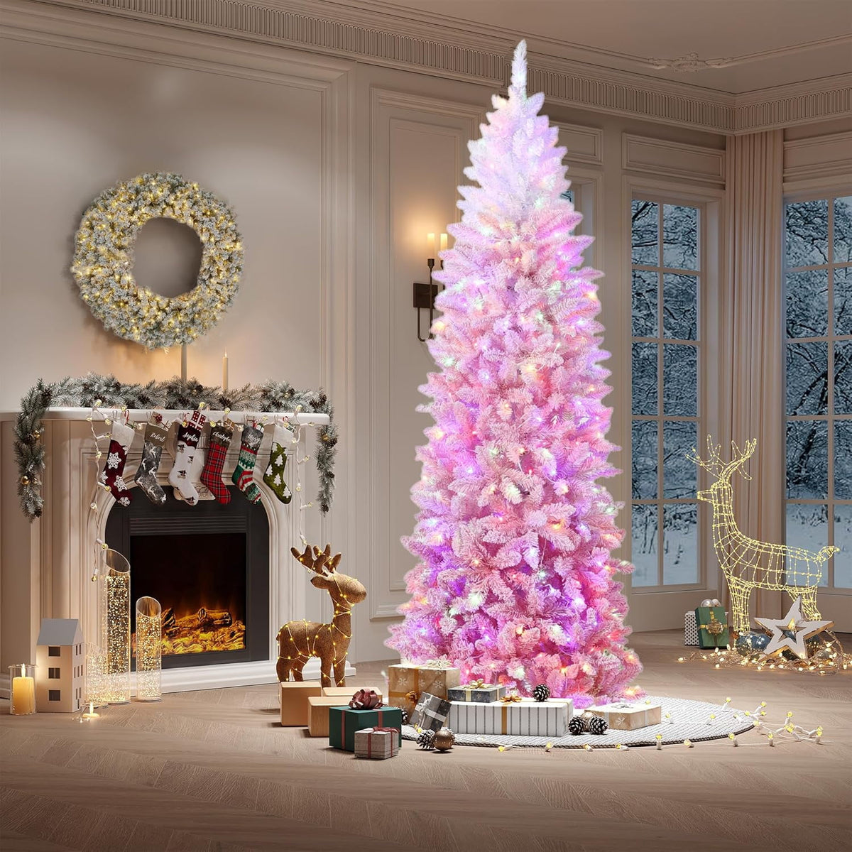 4.5/6/7.5/9 ft Flocked Pencil Christmas Tree with 100 Lights, Pre Lit Tall Skinny Christmas Tree with PVC Branch Tips, Premium Hinged Xmas Tree with Metal Base, Slim Artificial Christmas Tree