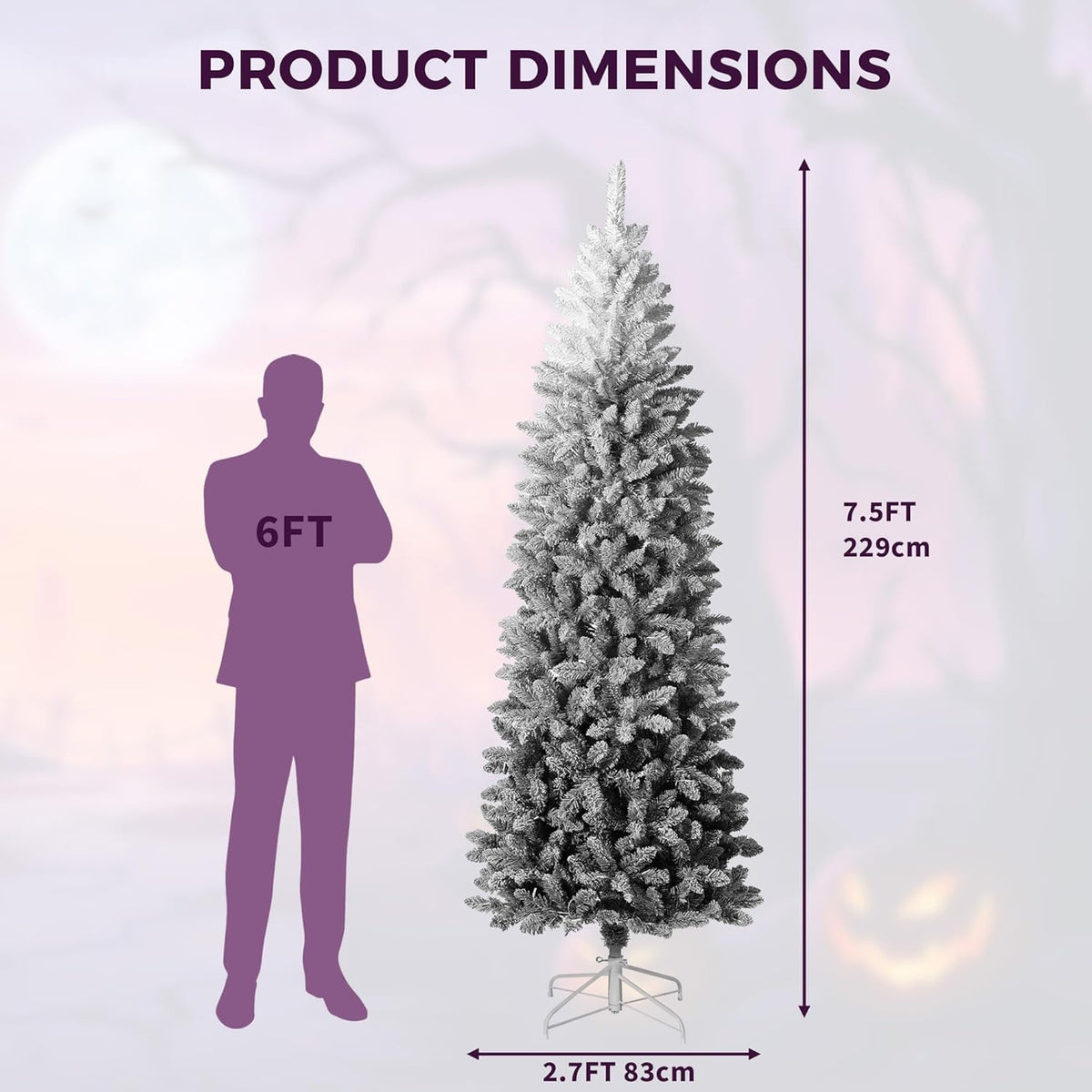 4.5/6/7.5/9 ft Flocked Pencil Christmas Tree with 100 Lights, Pre Lit Tall Skinny Christmas Tree with PVC Branch Tips, Premium Hinged Xmas Tree with Metal Base, Slim Artificial Christmas Tree