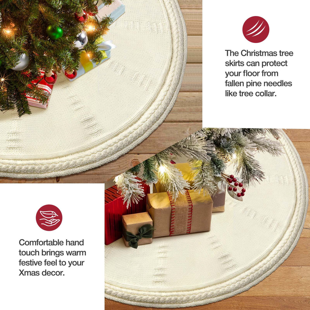Ayieyill Christmas Tree Skirt, 48 inches Cable Knit Knitted Thick Rustic Xmas Tree Skirts Decoration, Red Tree Skirt Christmas Decoration, Burgundy