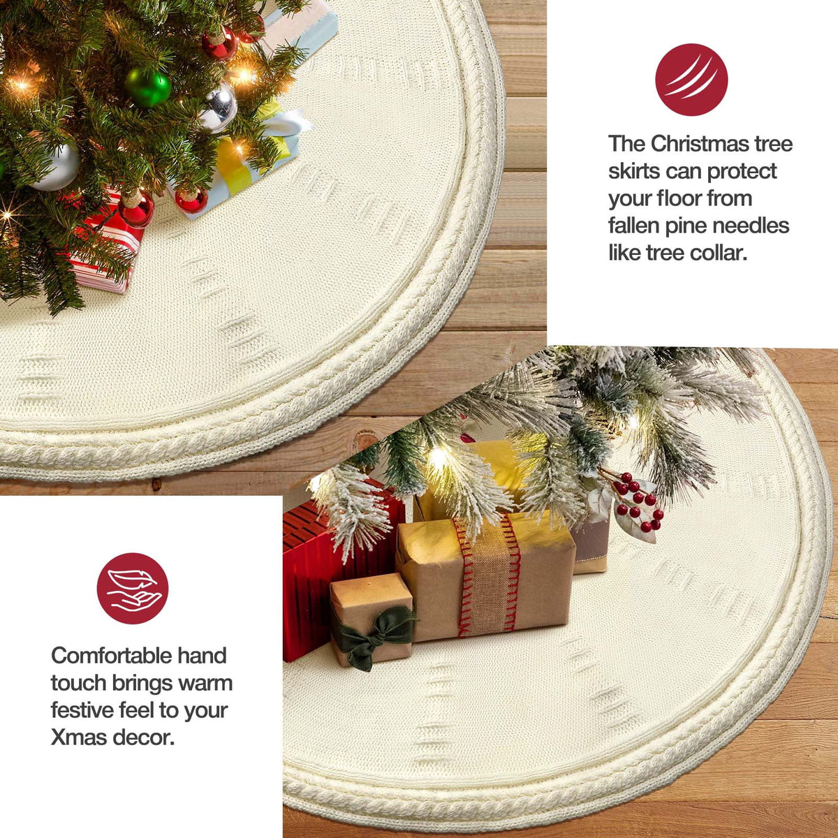Ayieyill Christmas Tree Skirt, 48 inches Cable Knit Knitted Thick Rustic Xmas Tree Skirts Decoration, Red Tree Skirt Christmas Decoration, Burgundy