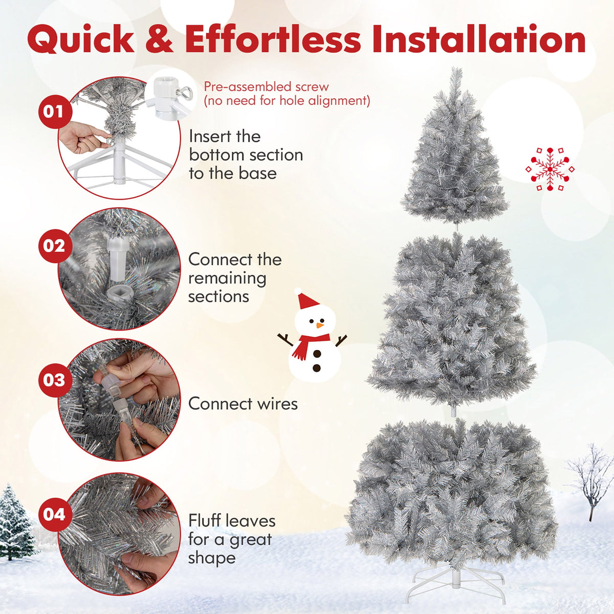 Gymax 7 FT Pre-Lit Artificial Christmas Tree Silver Tinsel Hinged Xmas Tree