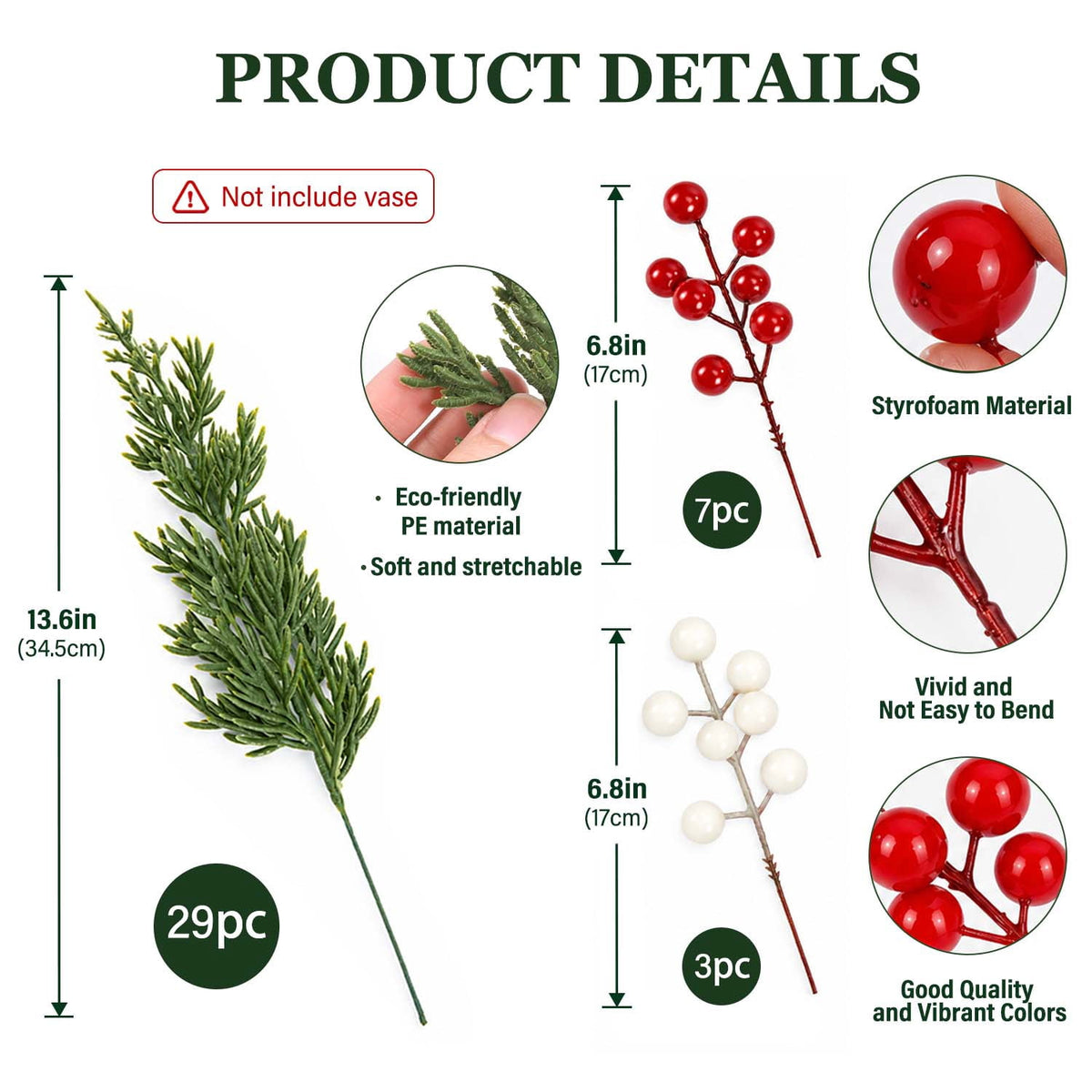 Ayieyill 39 Pack Artificial Pine Branches, 13.5 Inch Christmas Greenery Stems with Red & White Berries for Vase DIY Christmas Decorations Indoor