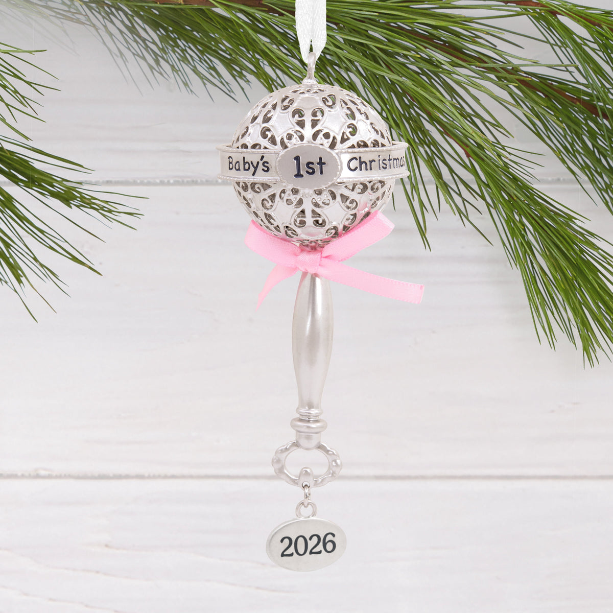 Hallmark Ornament (Baby First Cmas Rattle Pink Ribbon 2026, Metal), 1 Count