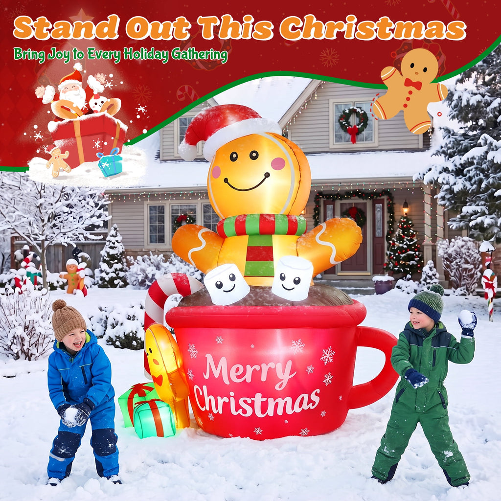 Yexmas 6FT Christmas Inflatable Gingerbread Man in Hot Cocoa Mug Blow Up Decor with LED Lights, Candy Cane, Marshmallows and Gift Box, for Yard, Lawn,Garden