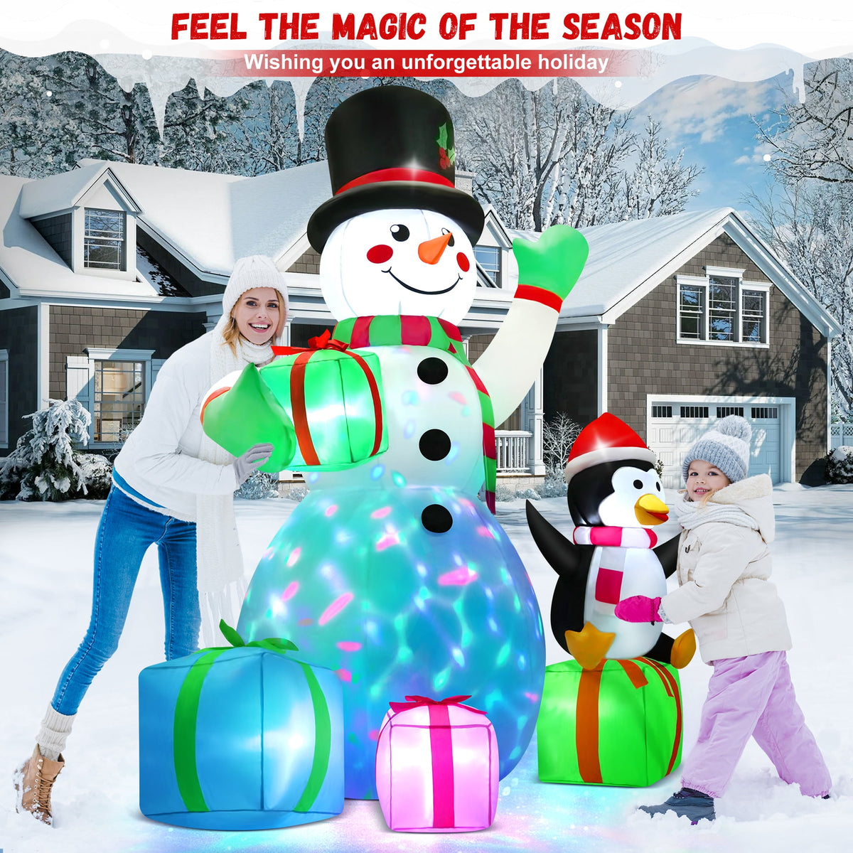 Yexmas 6FT Christmas Inflatables Snowman Blow Up Yard Decor with 360 Rotation Colorful Projector LED Light for Outdoor Christmas Party ,Garden and Lawn