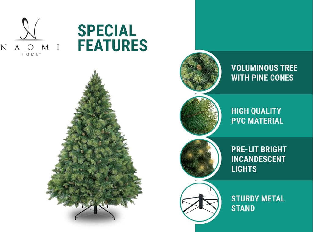 Naomi Home 7.5ft Christmas Tree with Lights, Realistic Traditional Christmas Tree Prelit with Pine Cones, Foot Pedal 1556 Branch Tips, 750 Warm Lights and Metal Stand, Aritificial Christmas Tree
