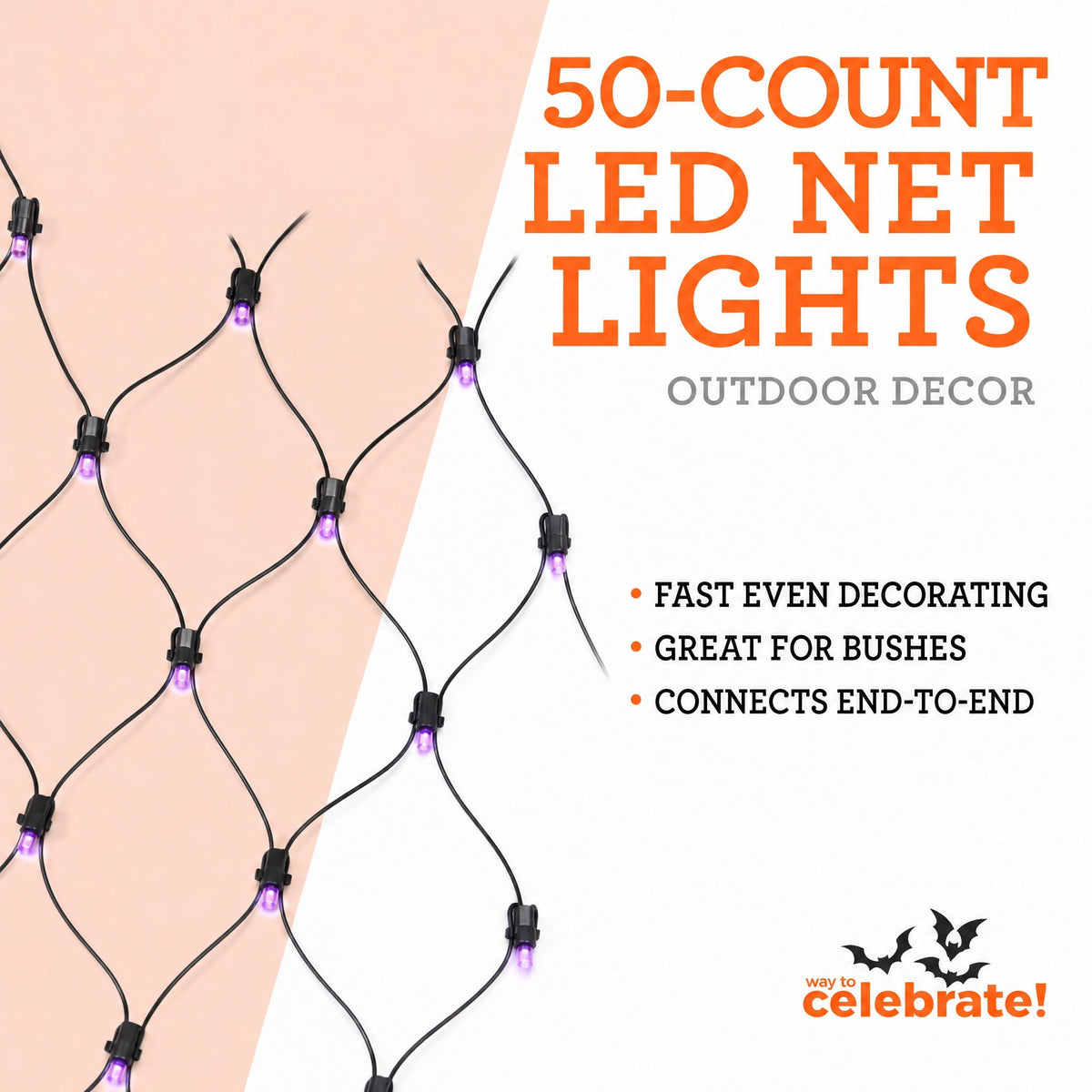 Indoor/Outdoor 50-Count LED Net Lights, Orange, 4' x 4', Halloween by Way To Celebrate