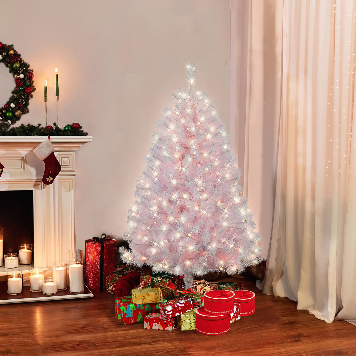 Puleo International 4.5 ft Pre-Lit Shiny White Northern Fir Artificial Christmas Tree with 200 UL-Listed Clear Lights