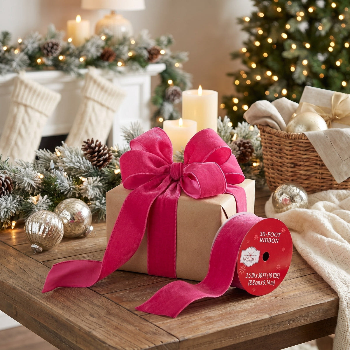 Hot Pink Velvet Christmas Ribbon, 3.5" x 30', by Holiday Time