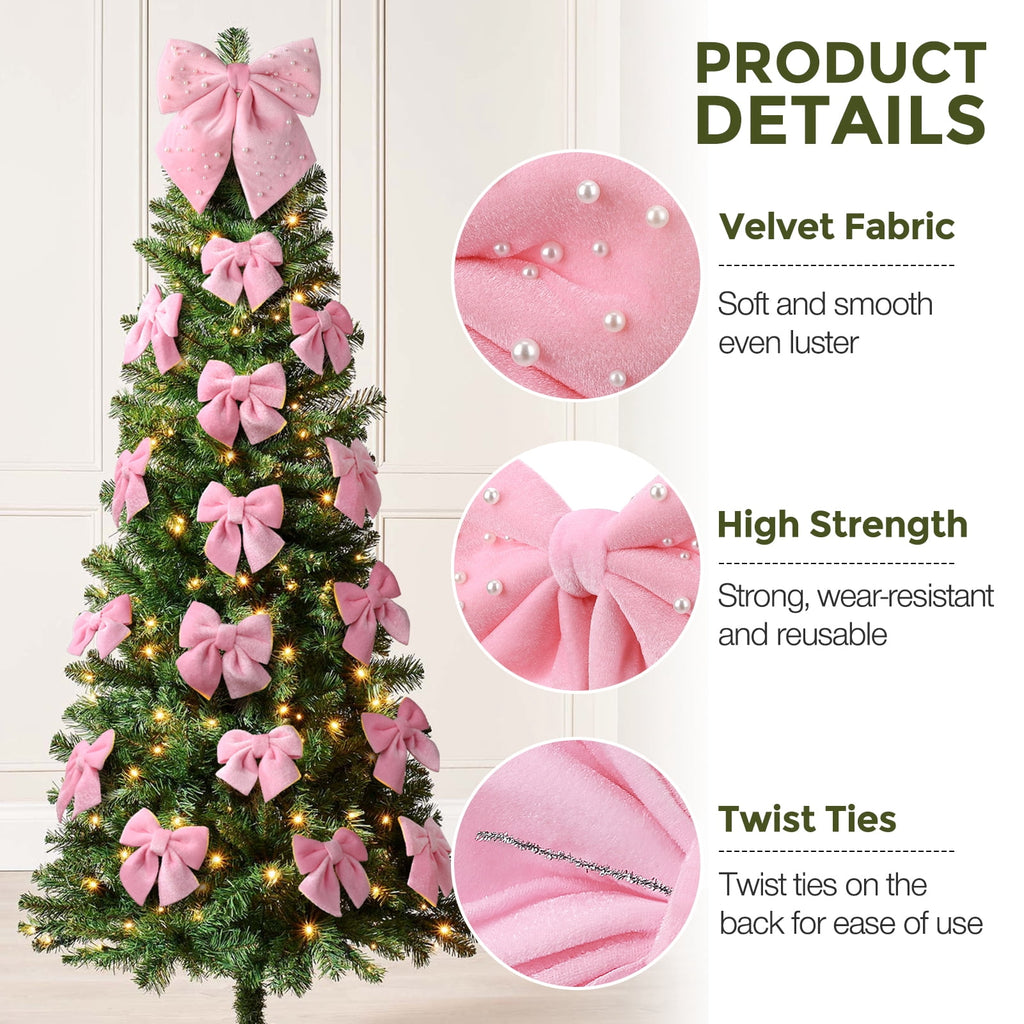Ayieyill 13 Pack Coquette Pink Bows for Christmas Tree, Large Velvet Christmas Bows for Wreaths Tree Fireplace Indoor Decor