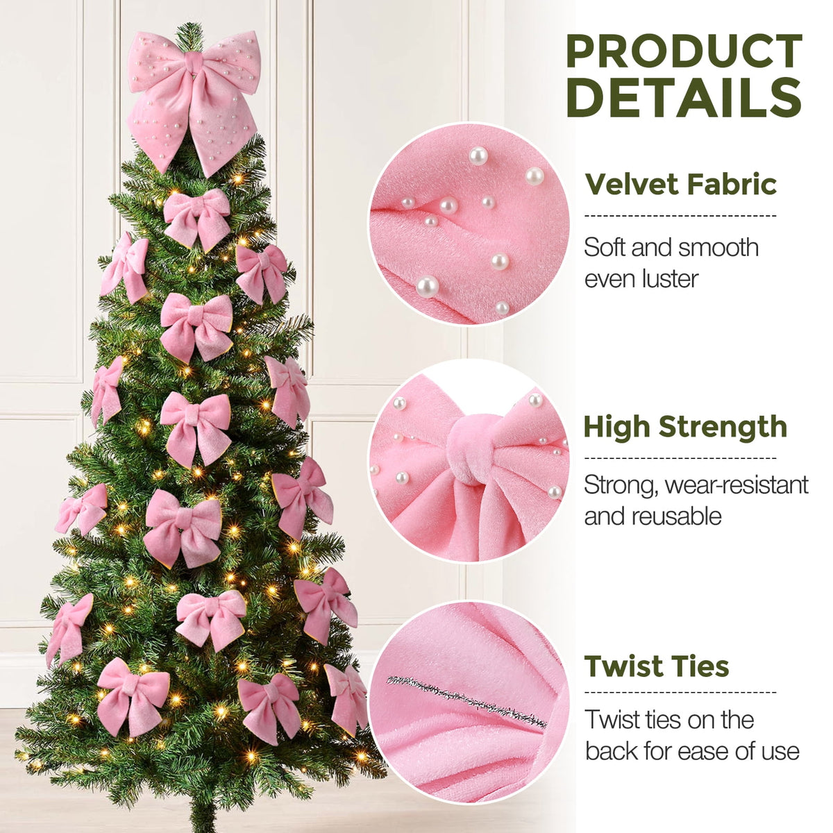Ayieyill 13 Pack Coquette Pink Bows for Christmas Tree, Large Velvet Christmas Bows for Wreaths Tree Fireplace Indoor Decor