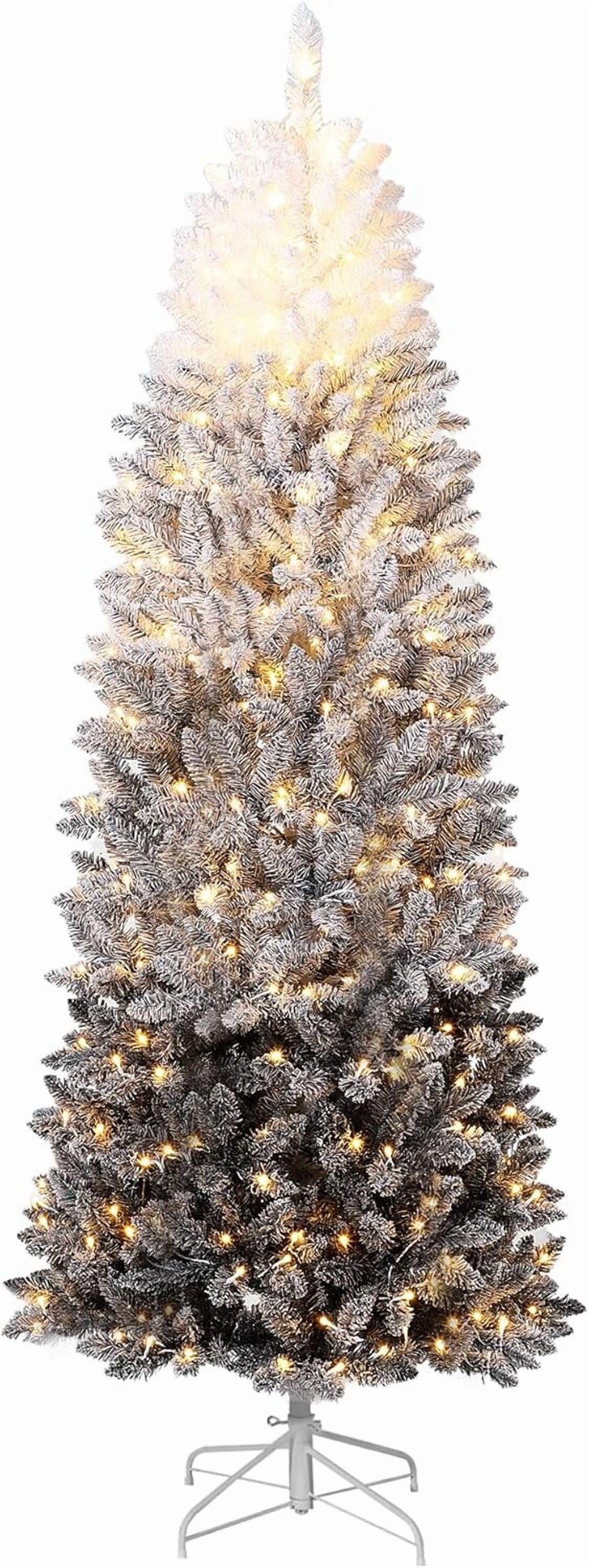 4.5/6/7.5/9 ft Flocked Pencil Christmas Tree with 100 Lights, Pre Lit Tall Skinny Christmas Tree with PVC Branch Tips, Premium Hinged Xmas Tree with Metal Base, Slim Artificial Christmas Tree