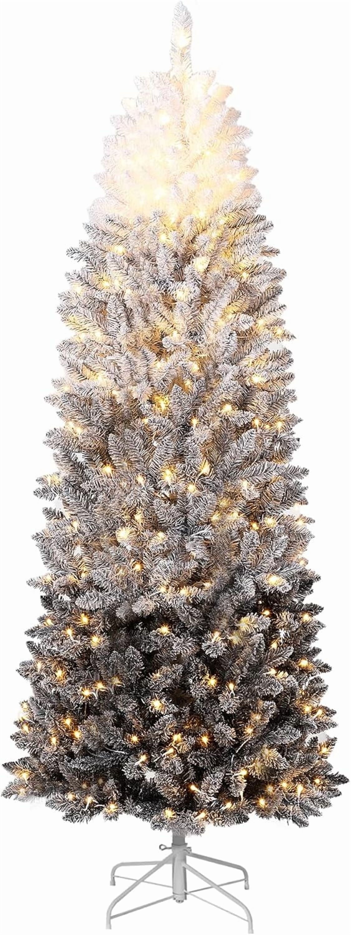 4.5/6/7.5/9 ft Flocked Pencil Christmas Tree with 100 Lights, Pre Lit Tall Skinny Christmas Tree with PVC Branch Tips, Premium Hinged Xmas Tree with Metal Base, Slim Artificial Christmas Tree