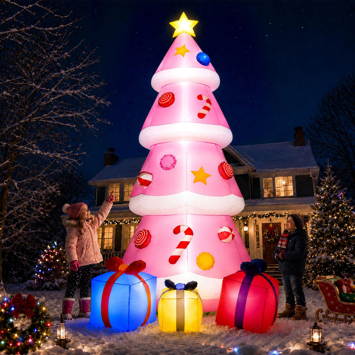 Goosiay 10FT Christmas Inflatables Tree with Built-In LED Lights and Gift Boxes, Giant Xmas Blow Up Tree Yard Decoration for Outdoor Yard Garden Lawn Decor,Green