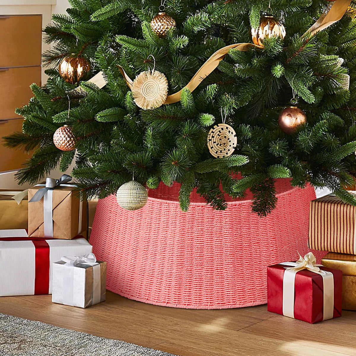 Ayieyill 26 inch Christmas Tree Collar, Christmas Tree Skirt for Christmas Tree Decorations | Rattan (Pink)