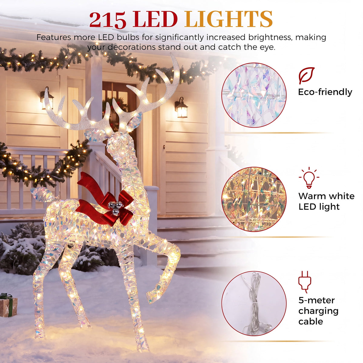FOOWIN 3-Piece Large Christmas Deer Family, Lighted Outdoor Christmas Decoration, Champagne Gold
