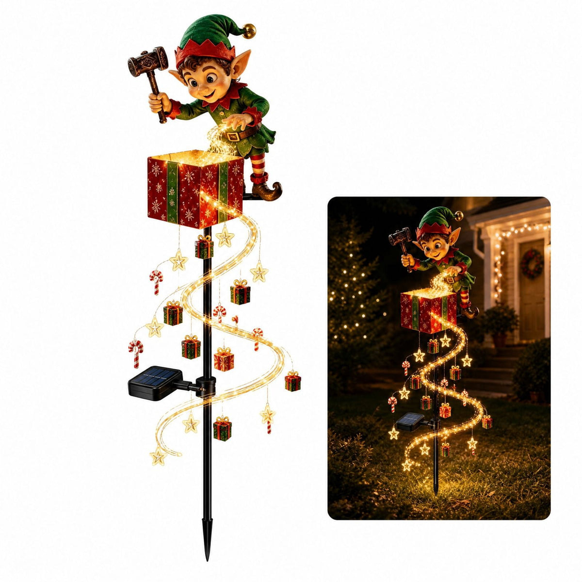 Christmas Reindeer Lighted Yard Stake, Bell and Snowflake Outdoor Decor for Lawn Garden Pathway Porch Holiday Display, 31.9 in