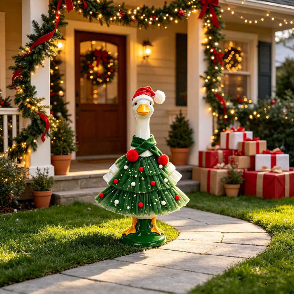 AZXY Thanksgiving Porch Goose Outfit, 23 Inch Lawn Goose Costume with Pilgrim Hat & Pumpkin Turkey Print Dress, Goose Clothes for Cement Plastic Goose Statue, Outdoor Yard Patio Fall Garden Decor