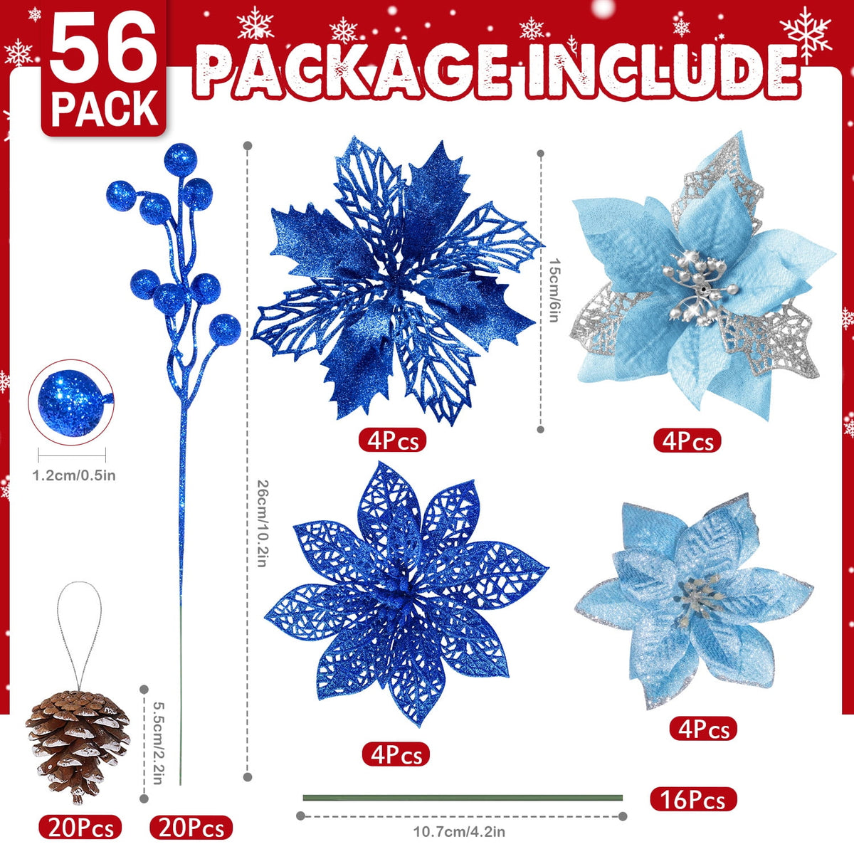 Ayieyill 56Pcs Poinsettia Christmas Flowers Decorations Christmas flower ornaments Artificial Glitter Berry Stems Christmas Pine Cones Christmas Tree Ornaments Set Christmas Tree Decorations (Pink)