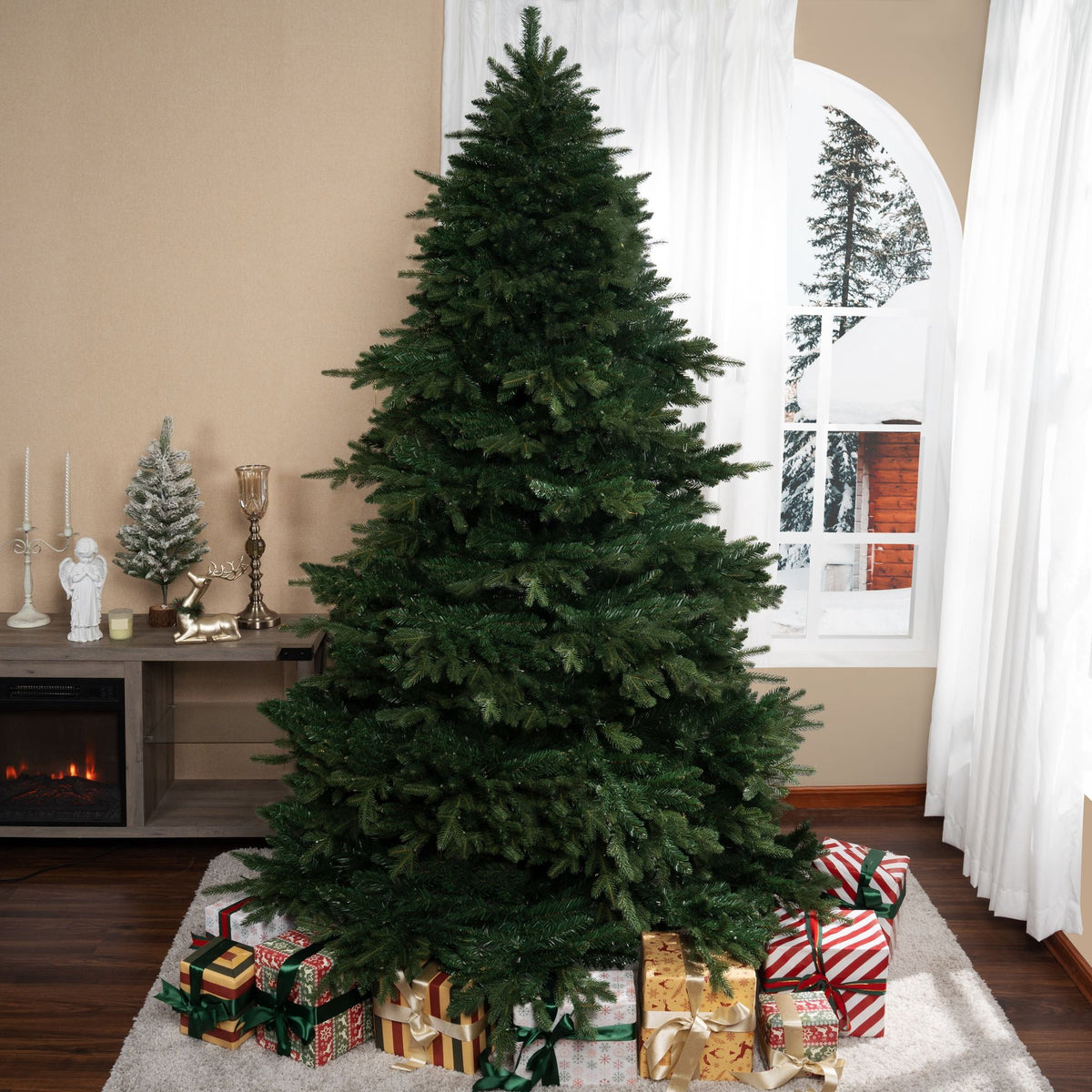 Naomi Home 4.5ft Rustic Christmas Tree with Lights, Realistic Classic Christmas Tree Prelit with 1117 Branch Tips, 300 Warm Lights and Metal Stand, Aritificial Christmas Tree