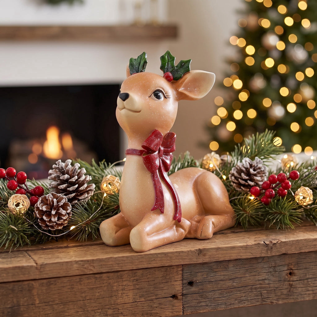 Sitting Deer with Bow Christmas Decoration, Multicolor, 6.8", by Holiday Time