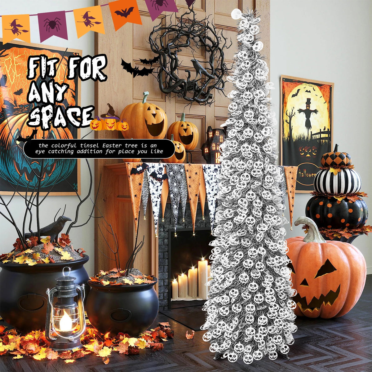 Ayieyill 5ft Halloween Tree Prelit, Pencil Pop up Tree with Light Halloween Decoration | Indoor | Black