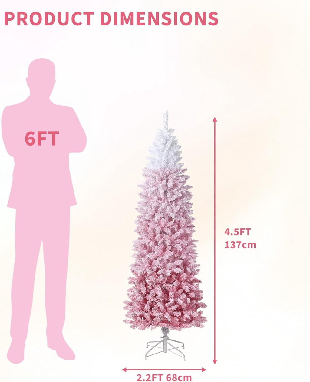 4.5/6/7.5/9 ft Flocked Pencil Christmas Tree with 100 Lights, Pre Lit Tall Skinny Christmas Tree with PVC Branch Tips, Premium Hinged Xmas Tree with Metal Base, Slim Artificial Christmas Tree