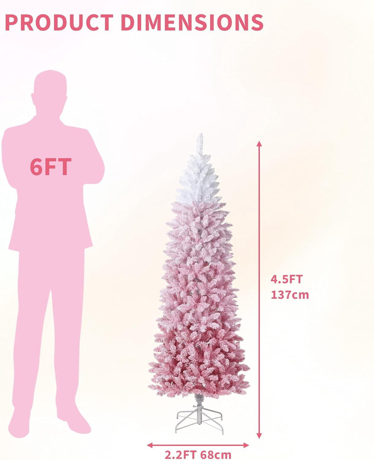 4.5/6/7.5/9 ft Flocked Pencil Christmas Tree with 100 Lights, Pre Lit Tall Skinny Christmas Tree with PVC Branch Tips, Premium Hinged Xmas Tree with Metal Base, Slim Artificial Christmas Tree