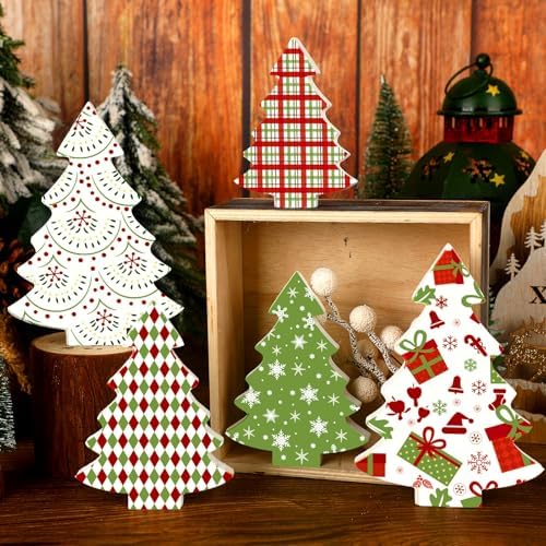 Huwena 5 Pcs Wooden Christmas Trees Decor,Red Green White Buffalo Plaid