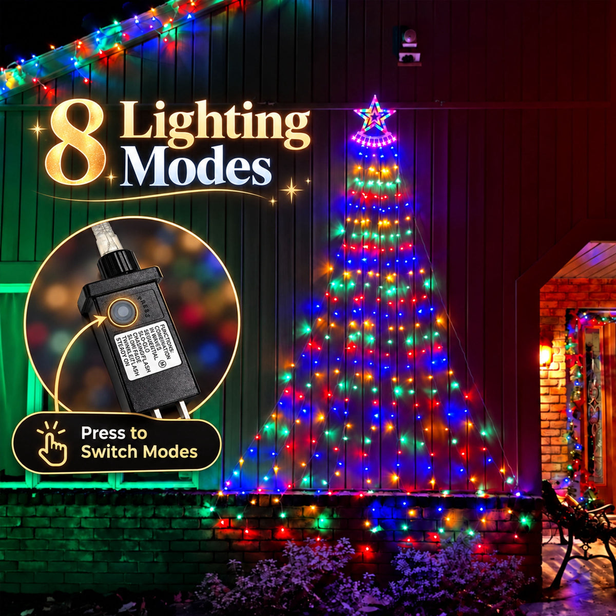 Qunler Outdoor Christmas Decoration Lights, 8 Modes & 350 LED Christmas Waterfall Fairy Tree String Lights Indoor Outdoor Holiday Lighting Decorations, Multicolor, Plug-in