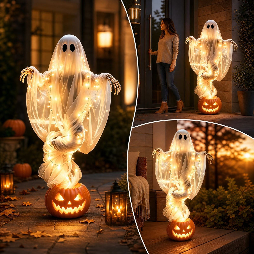 Luckky Swirling Ghost Pumpkin Yard Lamp,Lighted Spooky Ghost Statue with Warm Light,Waterproof Outdoor Ornament for Porch,Pathway,Lawn & Garden,Fall Autumn Halloween Party Decor