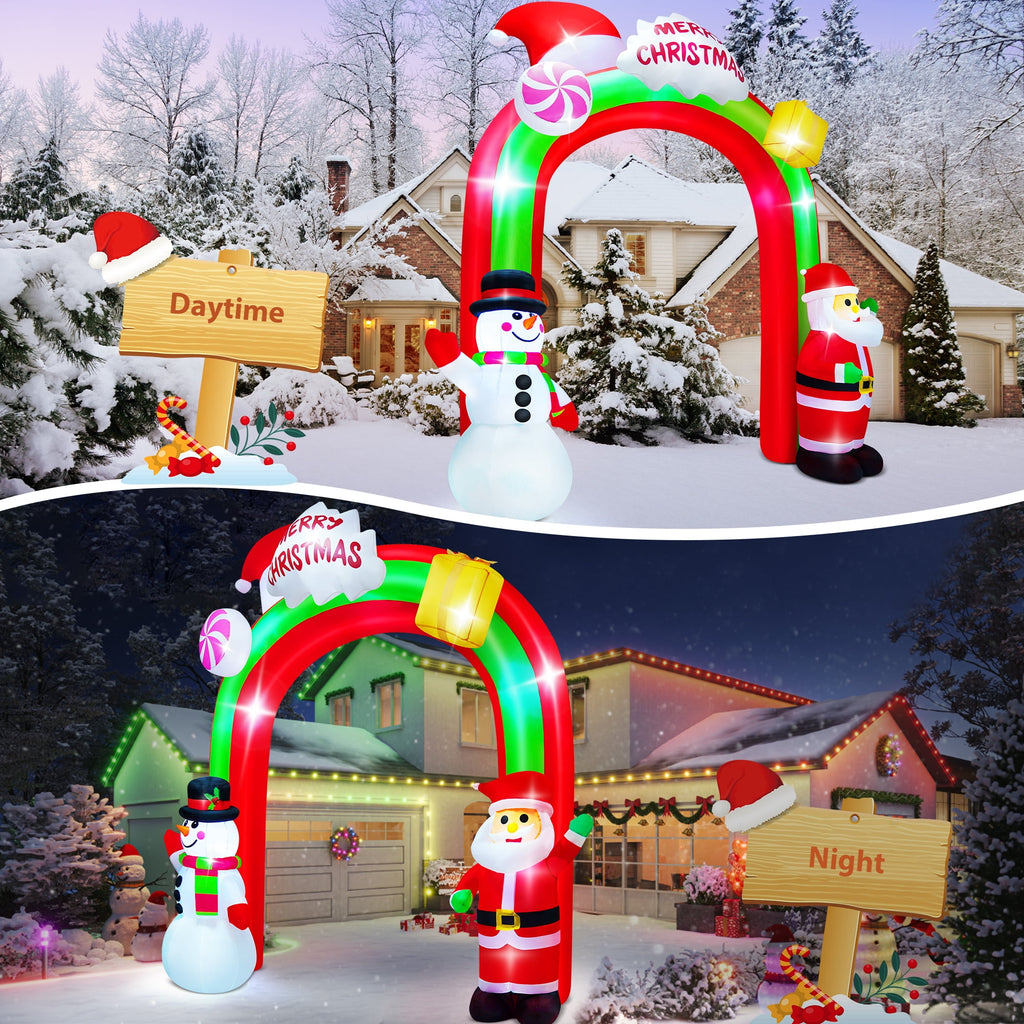 Yexmas 8FT Christmas Inflatable Archway,Christmas Blow Up Yard Decorations with Santa Claus and Snowman,Outdoor Christmas Decorations with Bow LED Lights