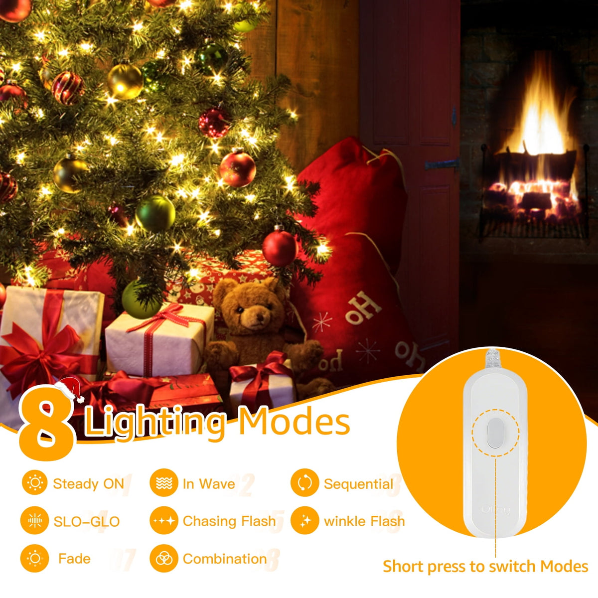 Ollny Christmas Tree Lights with Ring, 8 Modes & 3 Timers Cascading Twinkle Lights for Christmas Tree, 200 LED 6.6FT*10 Lines Waterfall Lights for Indoor Outdoor Xmas Decoration (Warm White)
