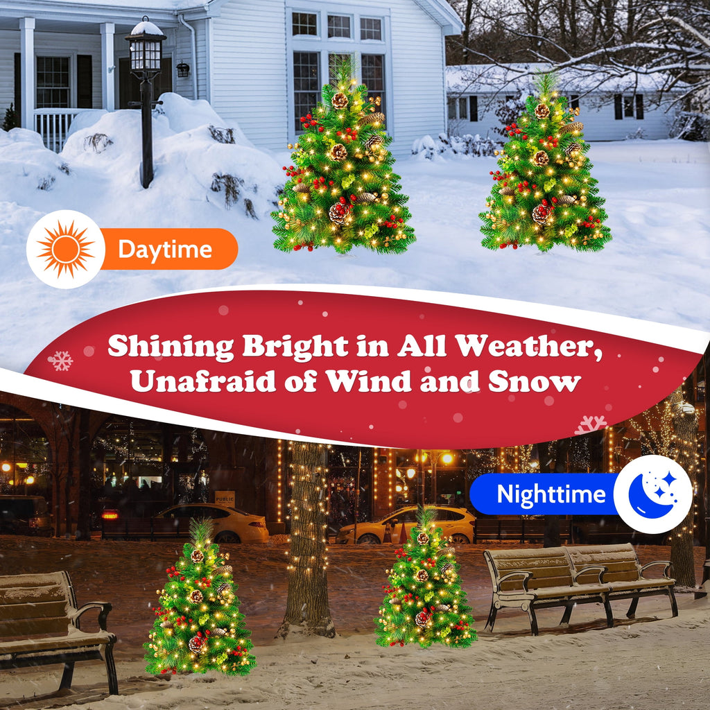 Yexmas 2PCS Small Outdoor Christmas Trees with LED Lights,30" Artificial Xmas Decora for Porch,Yard,Pathway,Garden,PVC