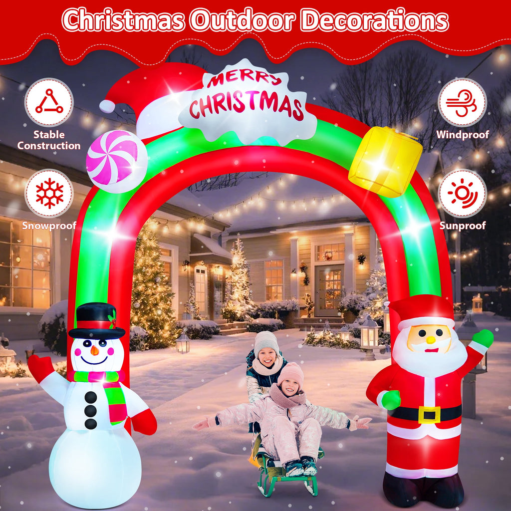 Yexmas 8FT Christmas Inflatable Archway,Christmas Blow Up Yard Decorations with Santa Claus and Snowman,Outdoor Christmas Decorations with Bow LED Lights