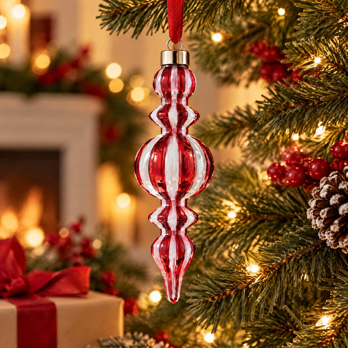 Red and White Glass Finial Christmas Ornament, 6.5", by Holiday Time