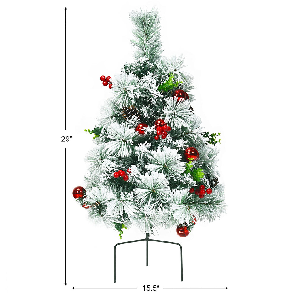 Costway Set of 2 29 in Battery Powered Pre-lit Pathway Flocked Christmas Trees Outdoor