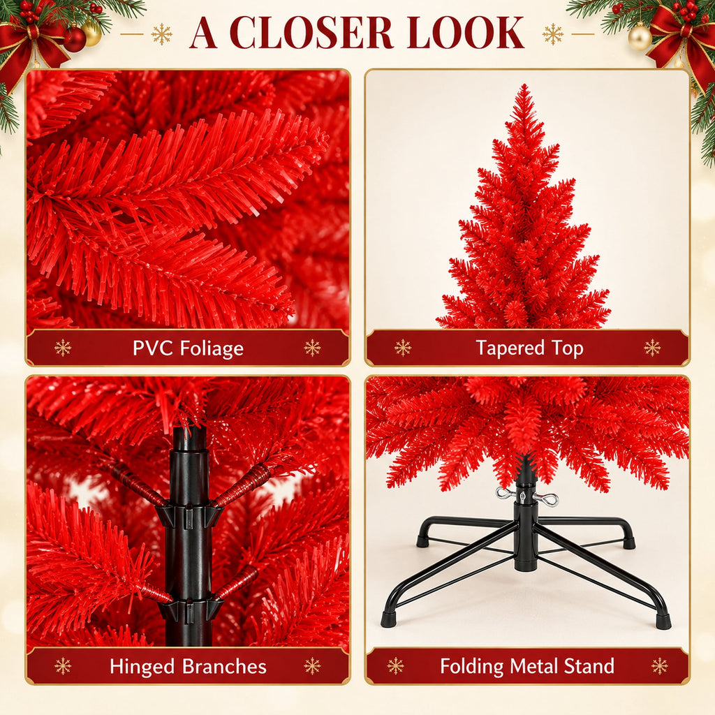 Ahititi 7 FT Red Christmas Tree, Slim Artificial Pencil Tree with 950 PVC Tips, Hinged Branches & Folding Stand, Holiday Decor