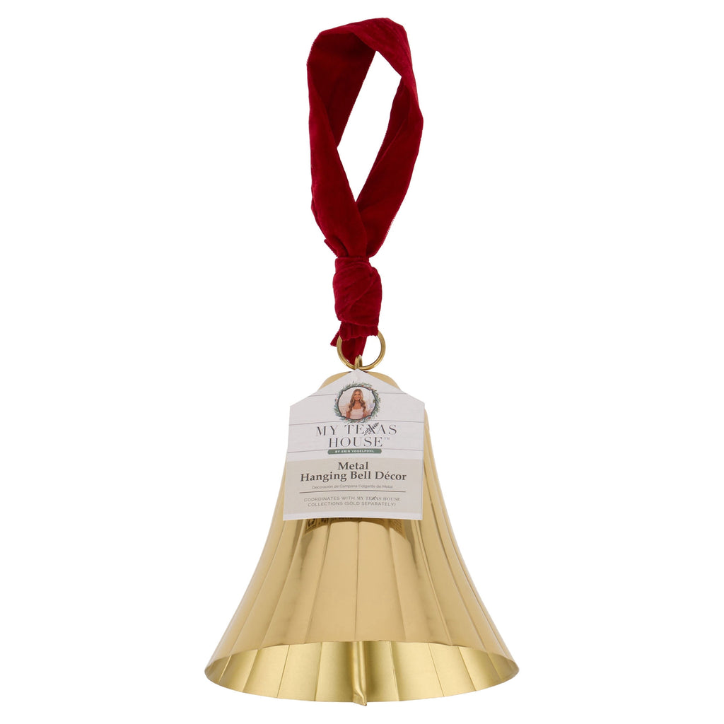 My Texas House Metal Bell Hanging Christmas Decoration, Gold and Red, 8"