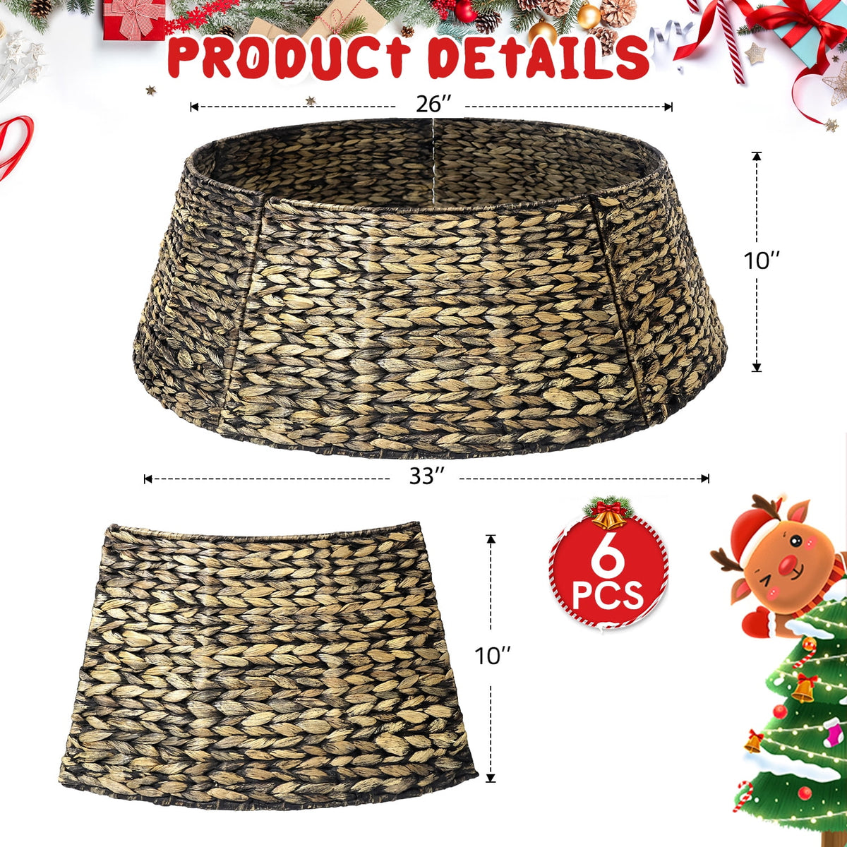 Ayieyill 26in Woven Hyacinth Christmas Tree Collar, Christmas Tree Decorations, Tree Skirt Accessory w/ Cord Cut-Out | Black