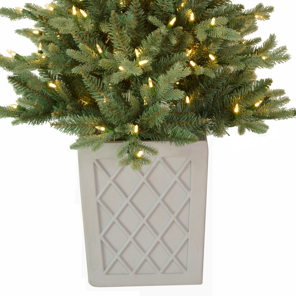 Haute Decor 4.5 Foot Barcelona Blue Spruce Potted Tree with Warm White LED Lights - Cement Gray Patterned Resin Pot