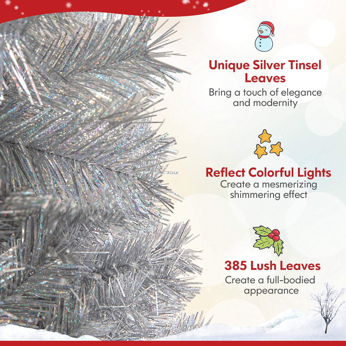 Gymax 7 FT Pre-Lit Artificial Christmas Tree Silver Tinsel Hinged Xmas Tree