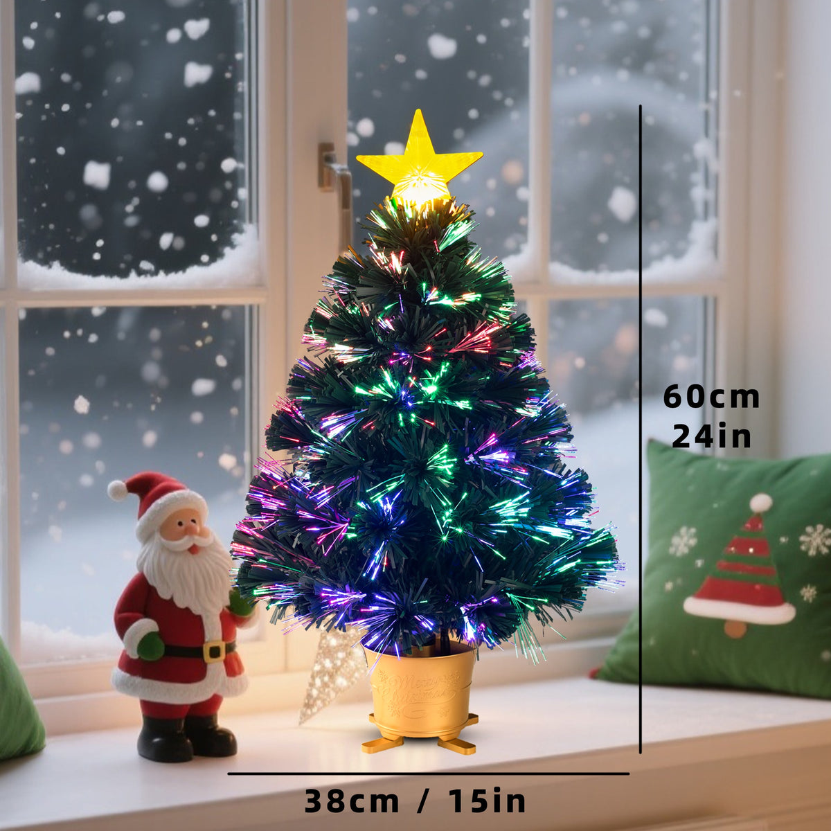YUETJIN 24inch Pre-Lit Mini Fiber Optic Tabletop Artificial Christmas Tree，Small Xmas Tree with Golden Stars Decorations