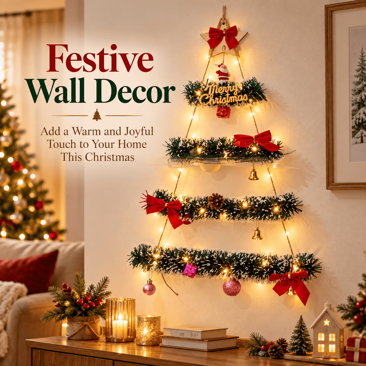 DIY Wall Mounted Christmas Trees with LED Light, Wall Hanging Christmas Tree, Space-Saving Christmas Decor Ideas for Small Space Home Holiday Decoration, 100x40cm
