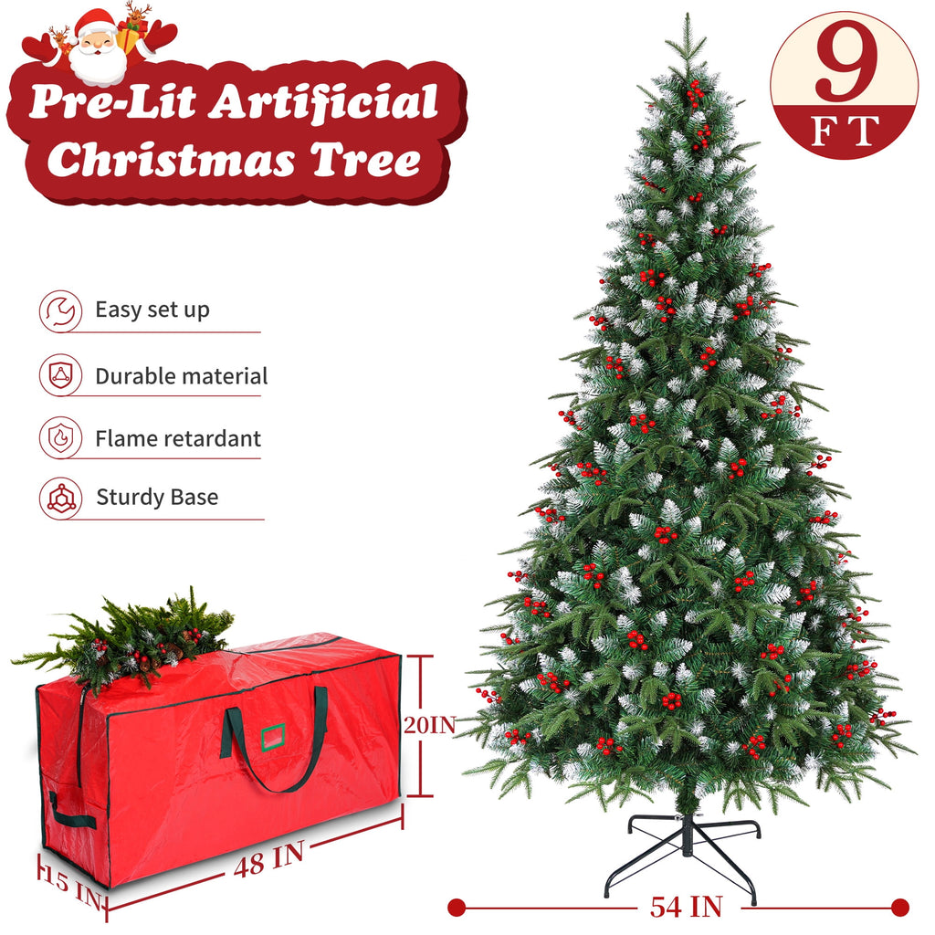Yexmas 7.5ft Pre-Lit Artificial Christmas Trees,Green Xmas Tree with Large Christmas Tree Storage Bag,Berries, Realistic Artificial Christmas Trees for Home, Office, Party Decoration