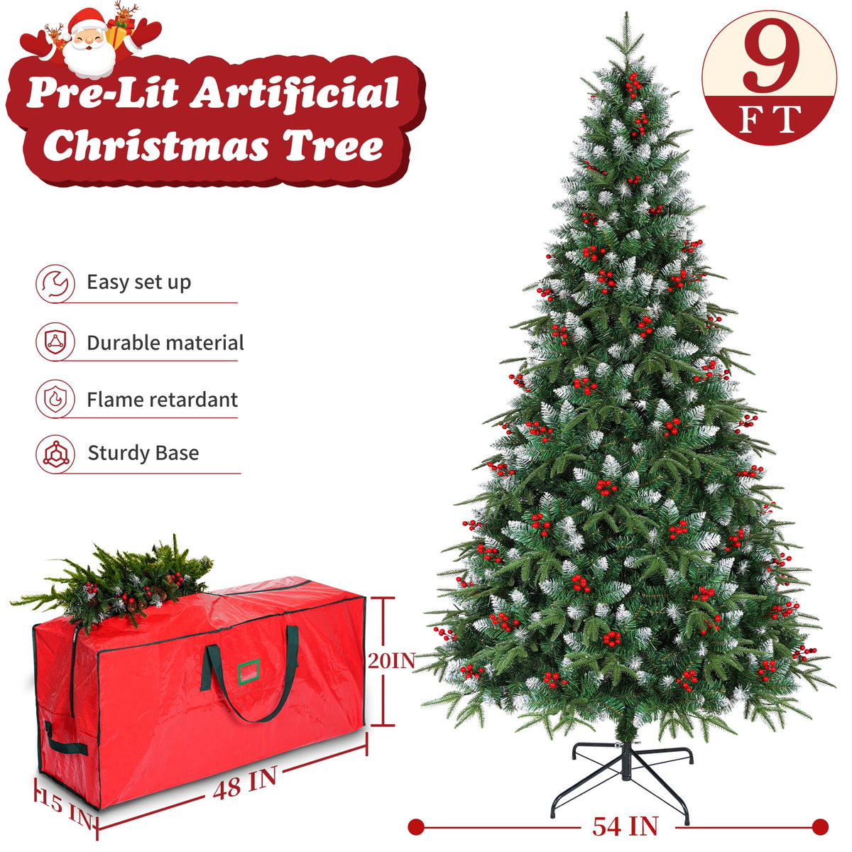 Yexmas 7.5ft Pre-Lit Artificial Christmas Trees,Green Xmas Tree with Large Christmas Tree Storage Bag,Berries, Realistic Artificial Christmas Trees for Home, Office, Party Decoration