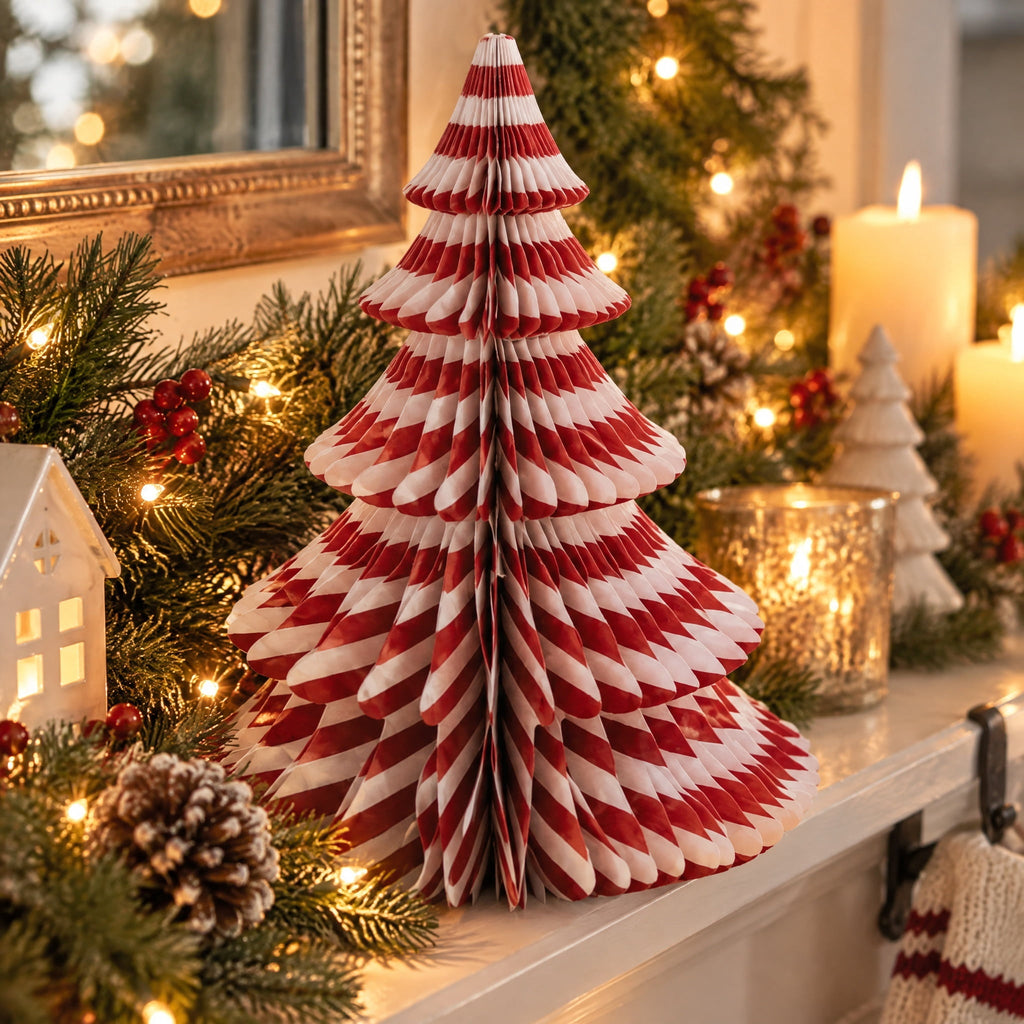 Paper Honeycomb Tree Christmas Decoration, Red and White, 12", by Holiday Time