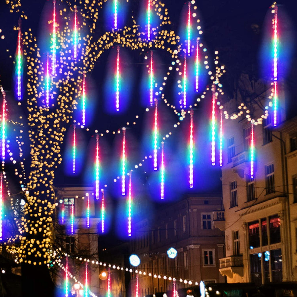 DONGPAI Meteor Shower Lights Outdoor, 11.8 Inch 8 Tube Icicle Lights, Waterproof Meteor Christmas Lights Outdoor, Hanging Falling Rain Lights for Xmas Tree Outside Holiday Decoration