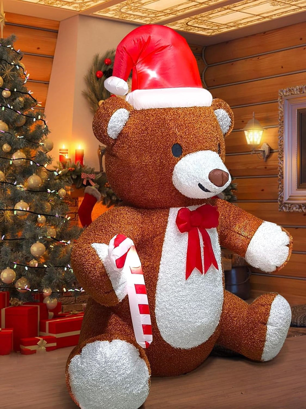 Kalolary Fluffy Bear Inflatable with LED Light, Christmas Blow Up Indoor Decoration, Xmas Teddy Yard Inflatable for Holiday Family Party Lawn Decor