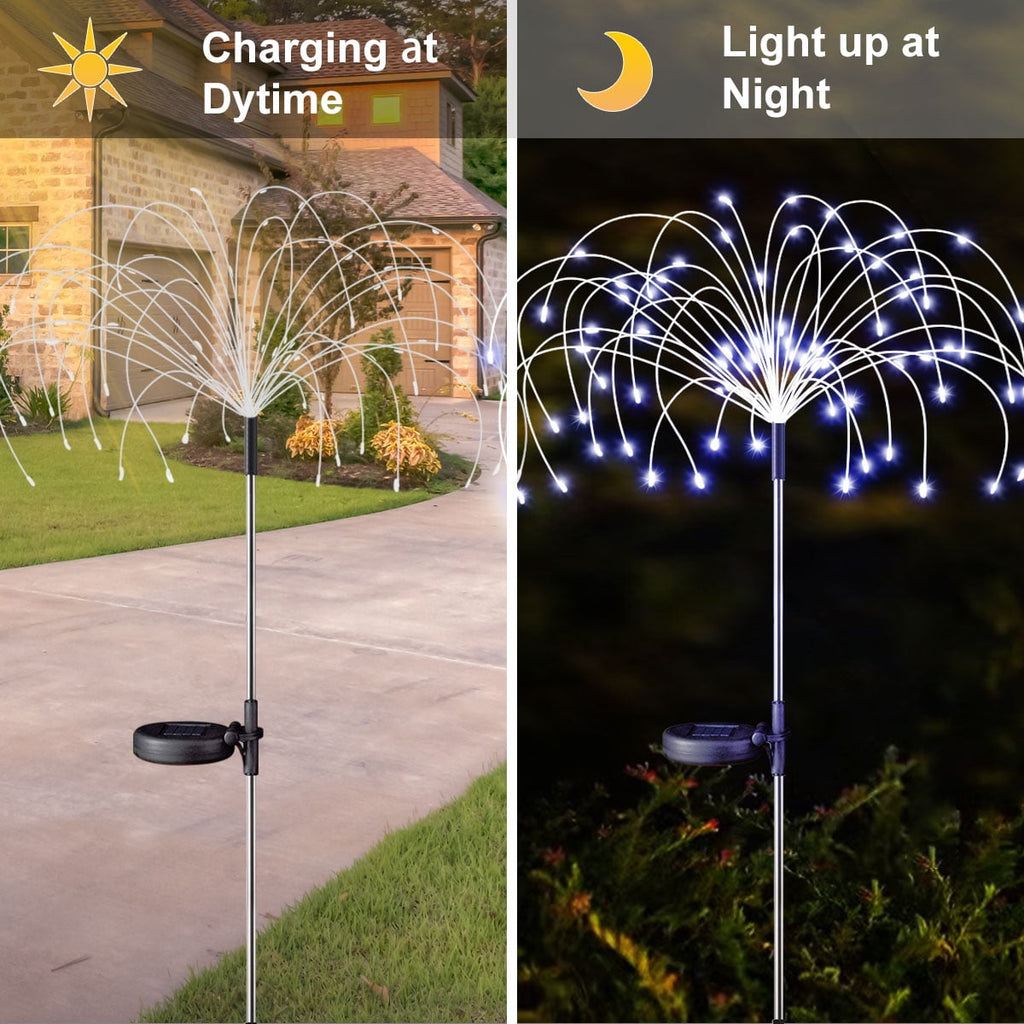 Rirool 2 Pack Solar Firework Lights, 120 LED Outdoor Garden Lights, Waterproof IP65 Pathway Yard Decor, DIY Copper Wire, Auto On/Off, Warm White